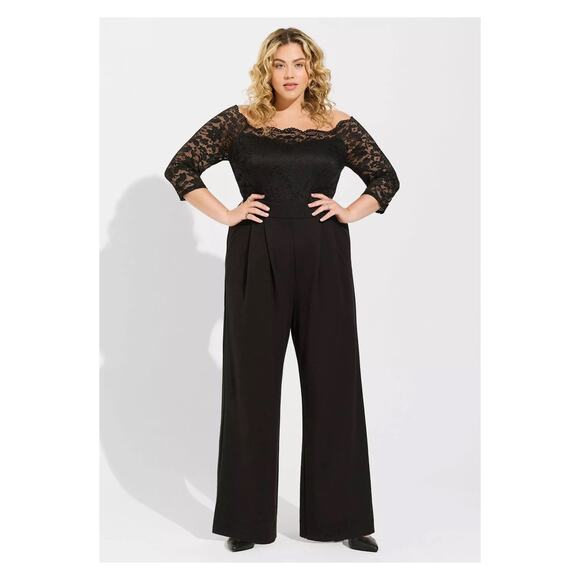 Torrid Black Ponte&Lace Off The Shoulder Jumpsuit Sz.24W NWT - Picture 1 of 16